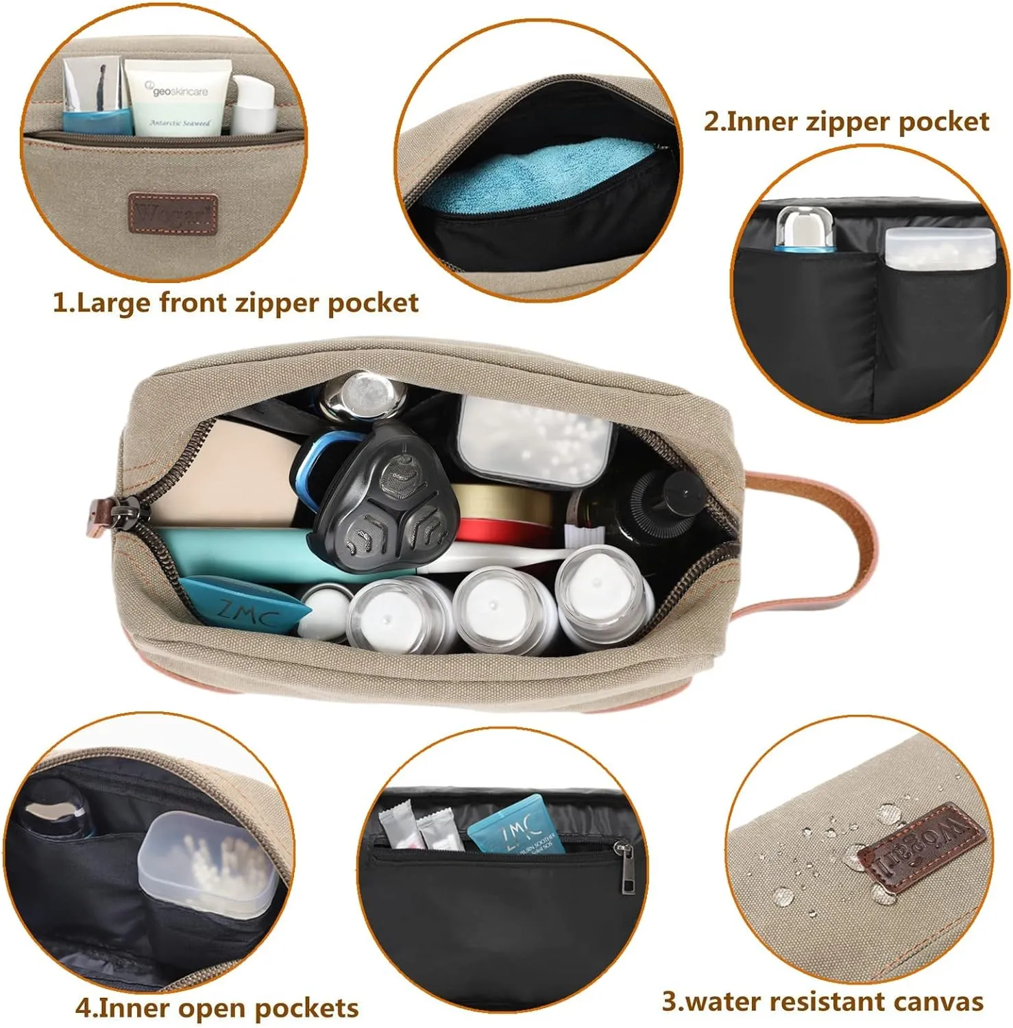 Toiletry Bag for Men, Leather and Canvas Travel Toiletry Bag Dopp Kit Shaving Bag for Travel Accessories (Light Grey)