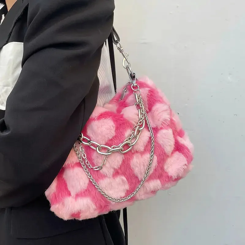 VAIGE Plush Pink Heart Pattern Crossbody Bag with Chain Strap and Zipper Closure