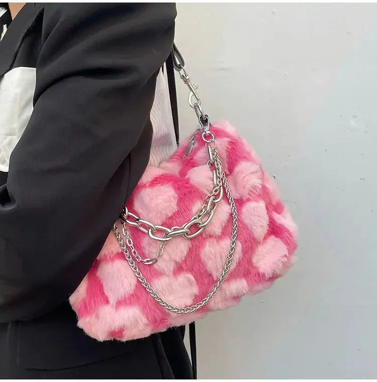 VAIGE Plush Pink Heart Pattern Crossbody Bag with Chain Strap and Zipper Closure