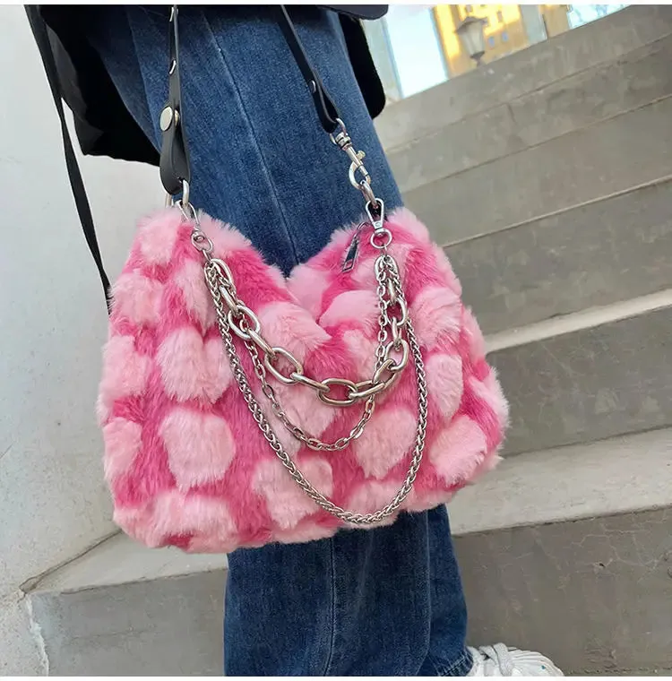 VAIGE Plush Pink Heart Pattern Crossbody Bag with Chain Strap and Zipper Closure