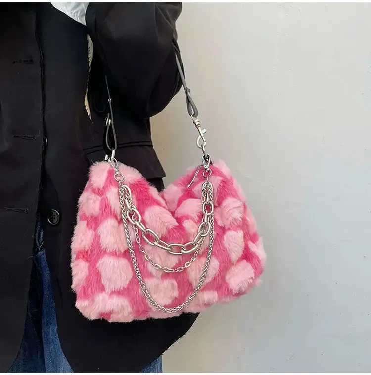 VAIGE Plush Pink Heart Pattern Crossbody Bag with Chain Strap and Zipper Closure