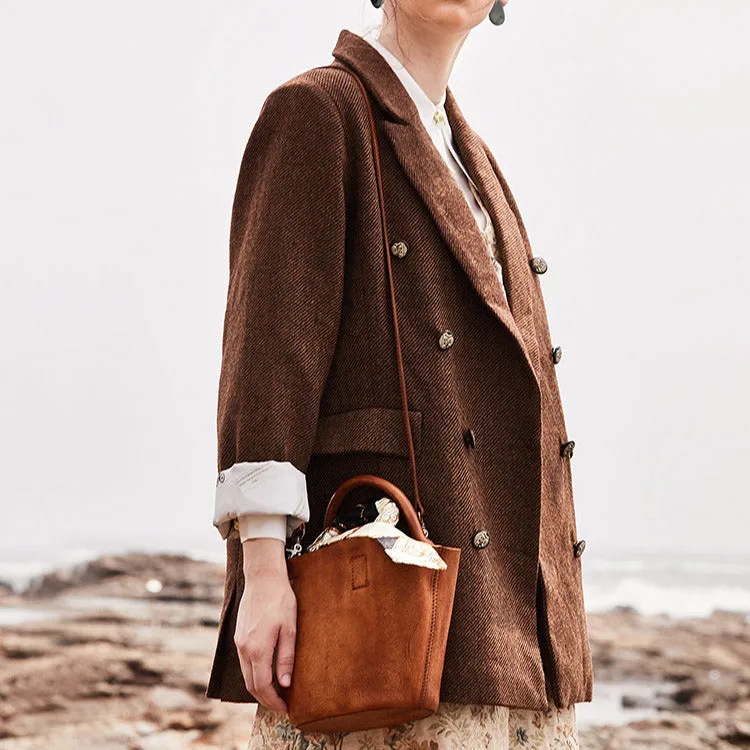 Vintage Brown Leather Crossbody Bucket Bag Purse Handbags for Women
