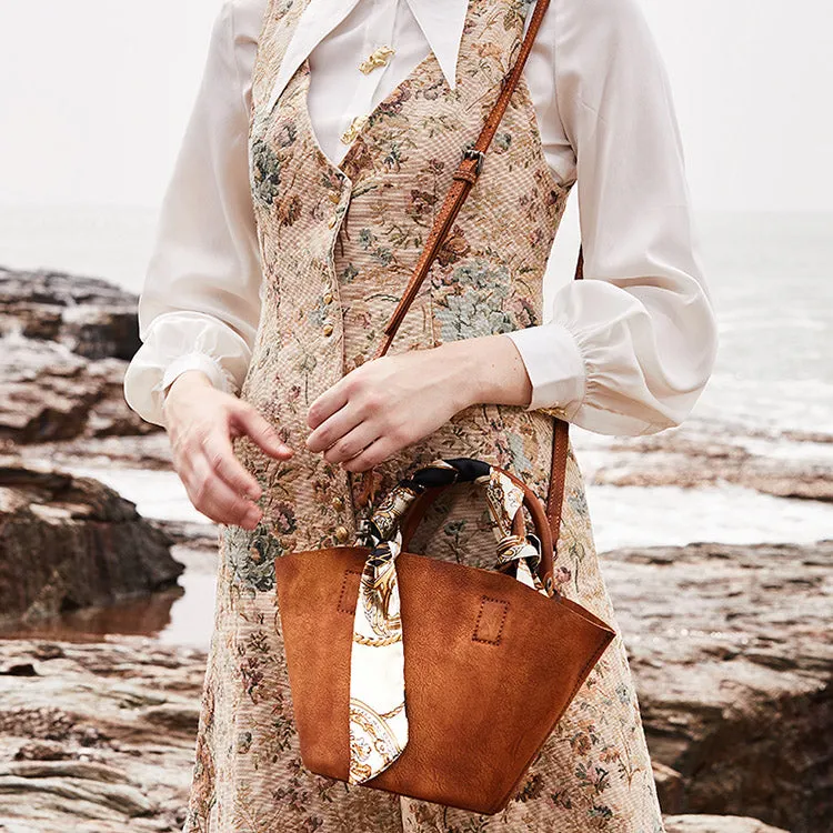 Vintage Brown Leather Crossbody Bucket Bag Purse Handbags for Women