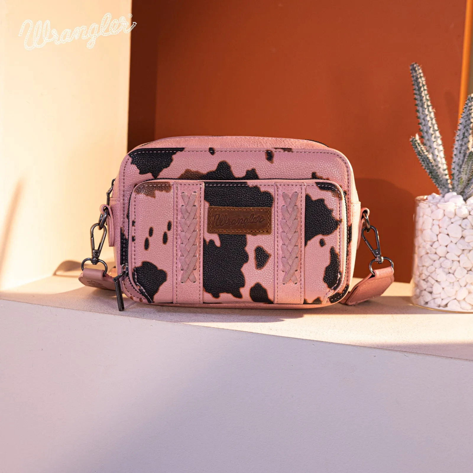 WG133-3003  Wrangler Cow Print Crossbody Purse With Wallet Compartment -Pink