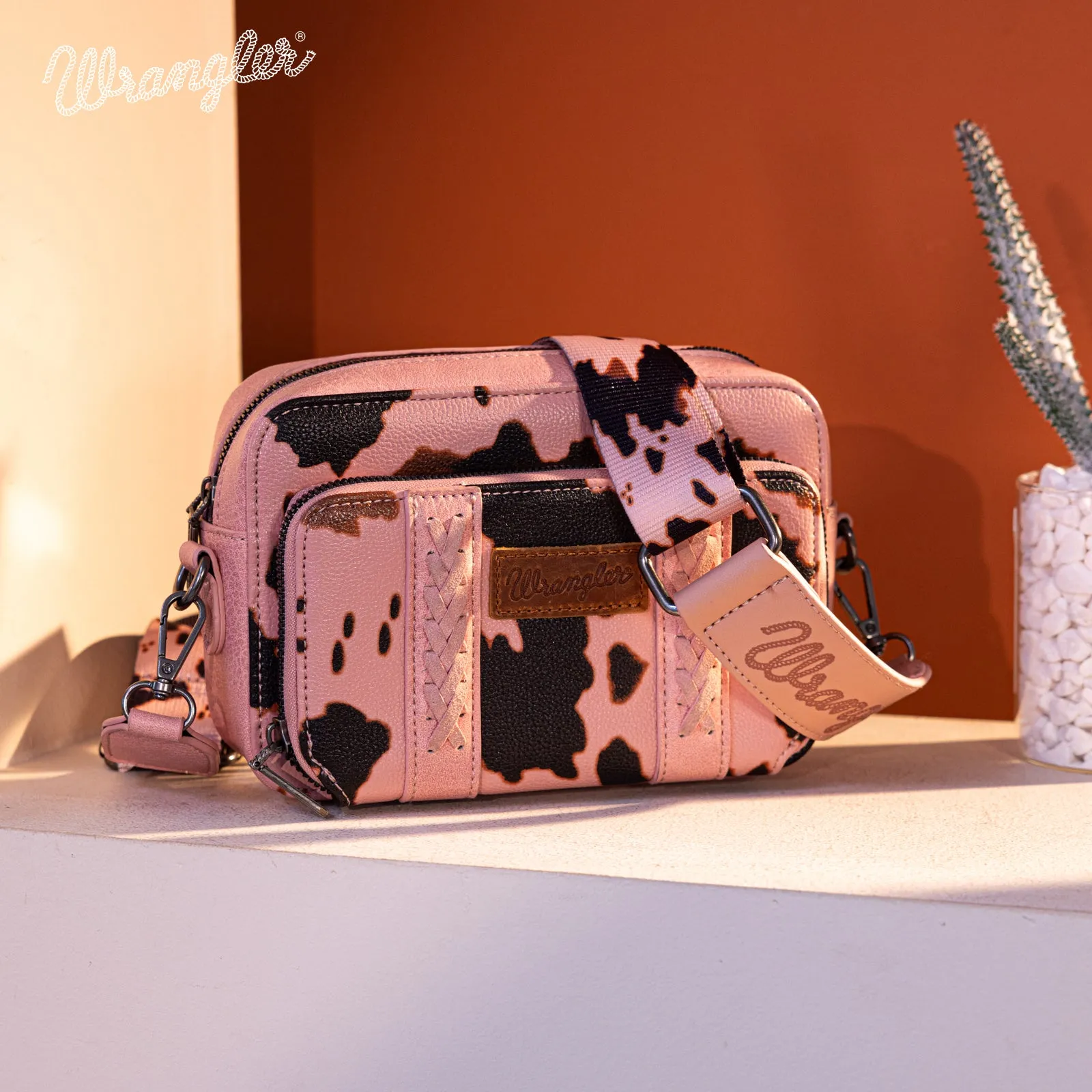 WG133-3003  Wrangler Cow Print Crossbody Purse With Wallet Compartment -Pink