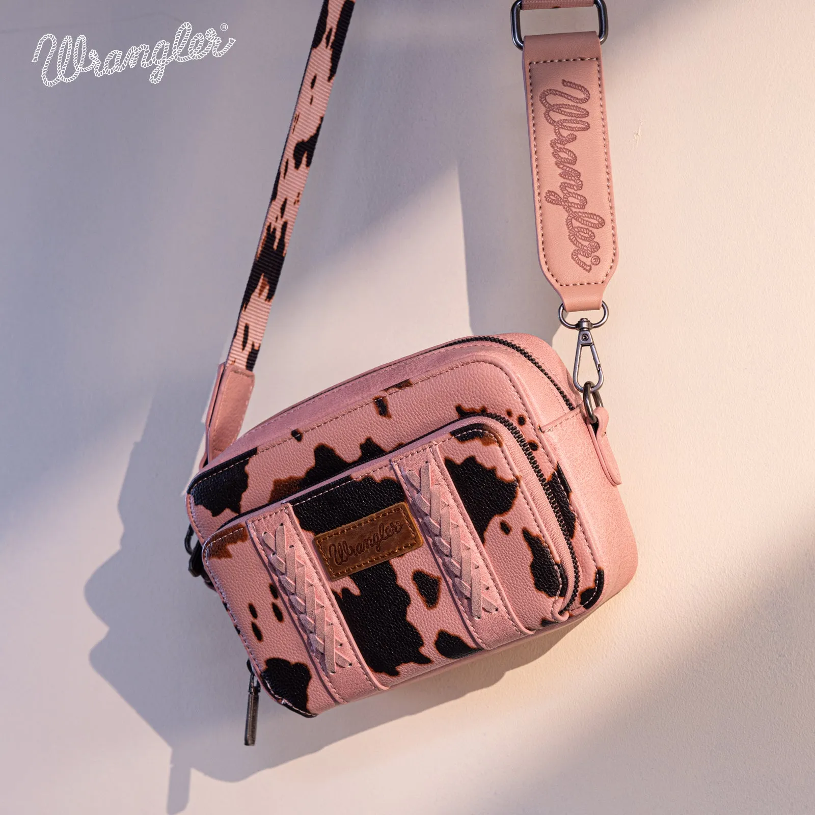 WG133-3003  Wrangler Cow Print Crossbody Purse With Wallet Compartment -Pink