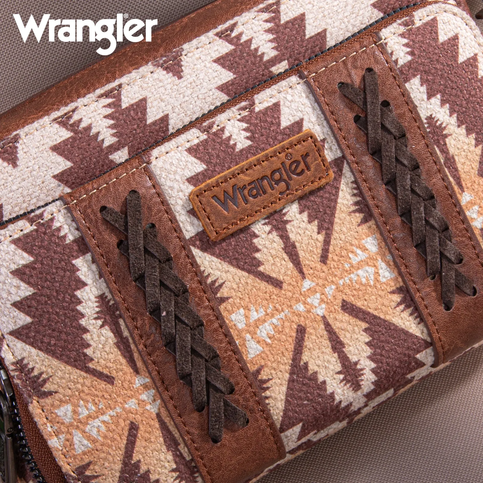 WG2207-3003  Wrangler Aztec Printed Crossbody Purse With Wallet Compartment - Light Coffee