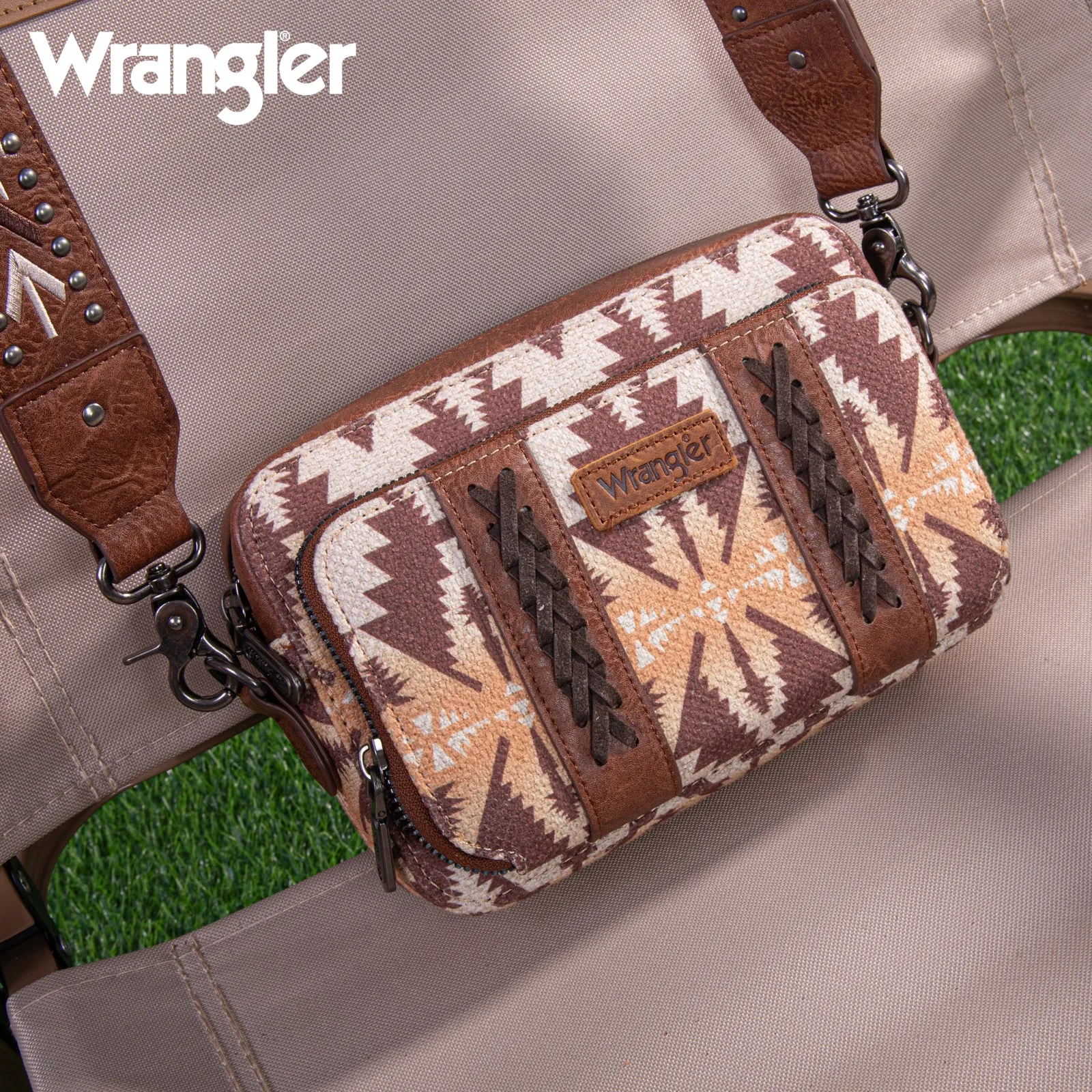 WG2207-3003  Wrangler Aztec Printed Crossbody Purse With Wallet Compartment - Light Coffee