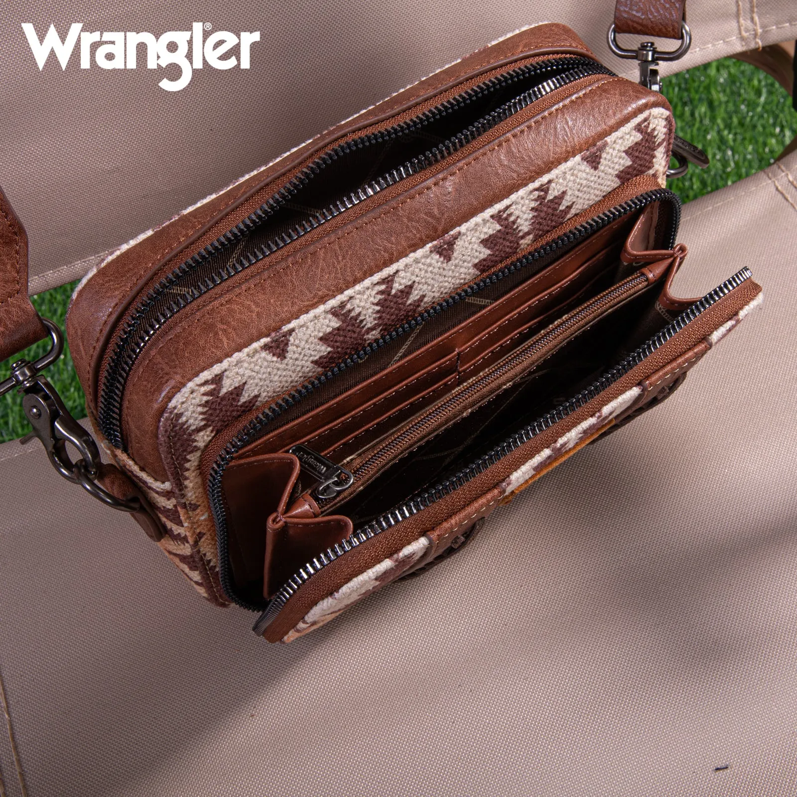 WG2207-3003  Wrangler Aztec Printed Crossbody Purse With Wallet Compartment - Light Coffee