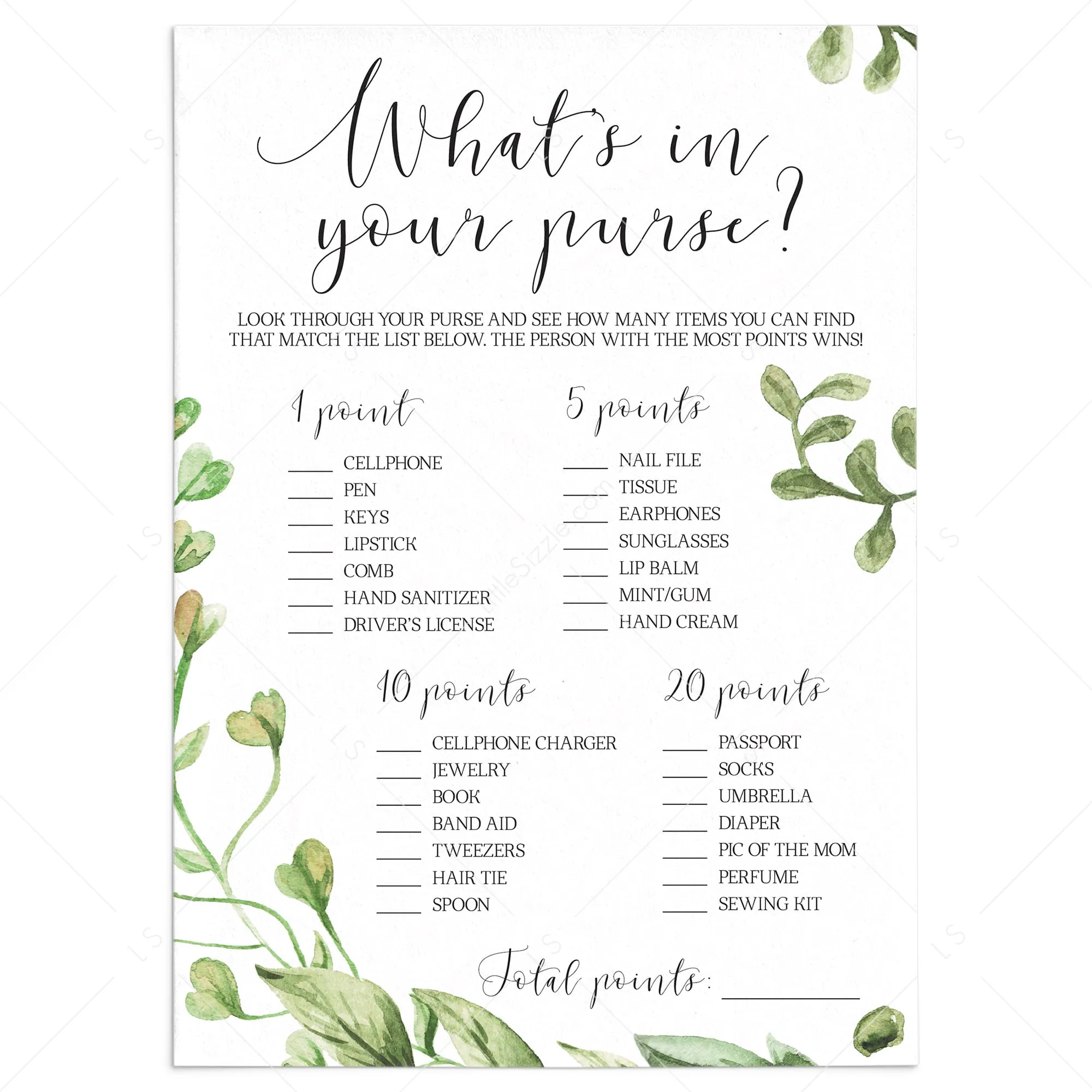 What's In Your Purse Greenery Baby Shower Game Instant Download