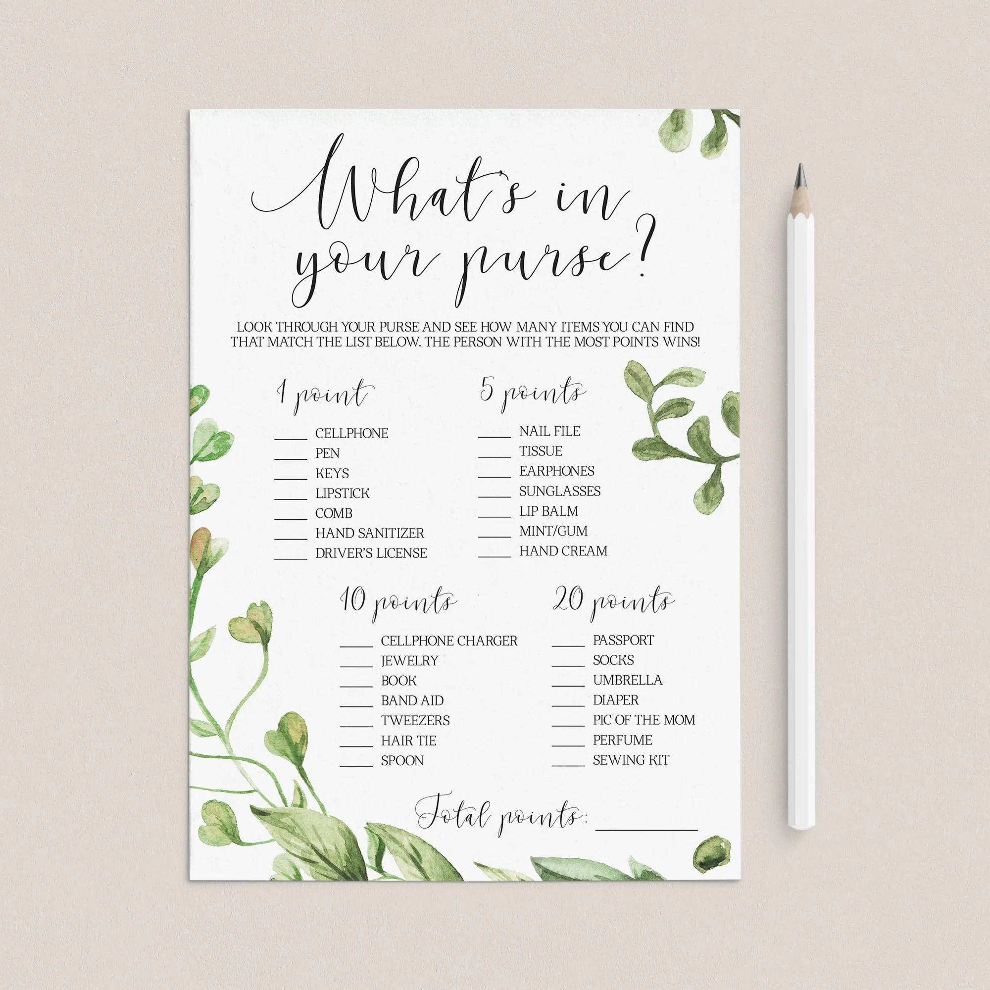 What's In Your Purse Greenery Baby Shower Game Instant Download