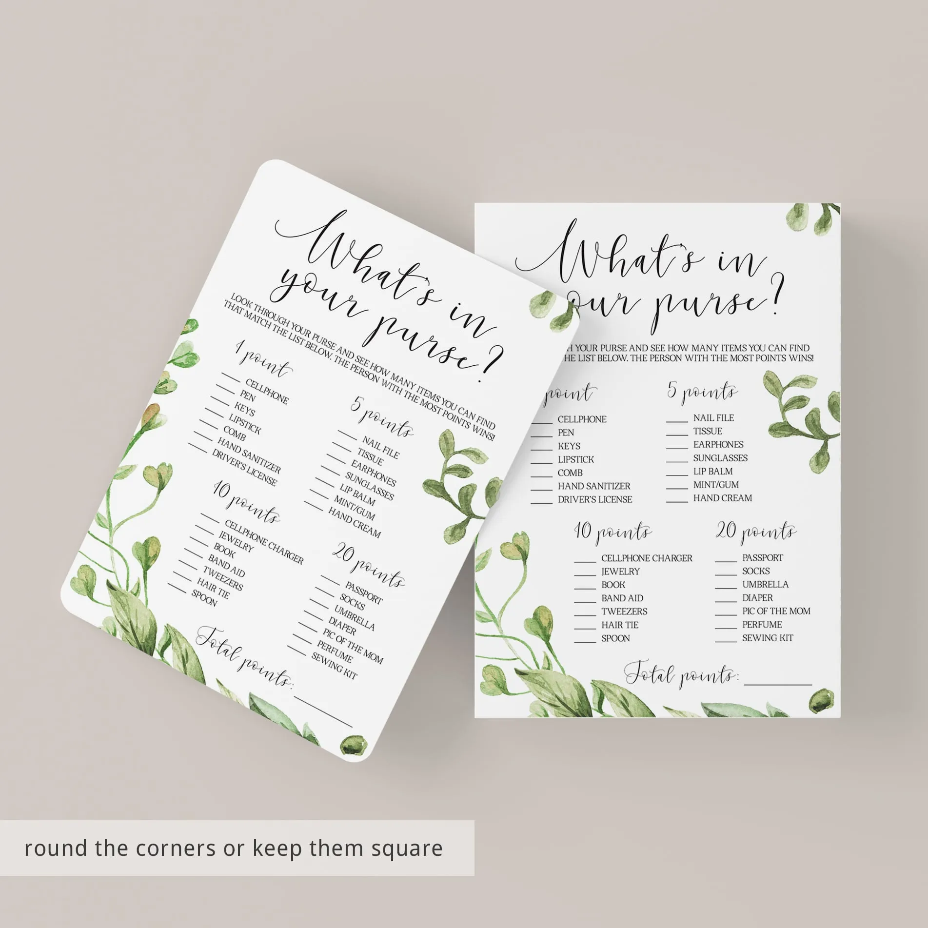 What's In Your Purse Greenery Baby Shower Game Instant Download