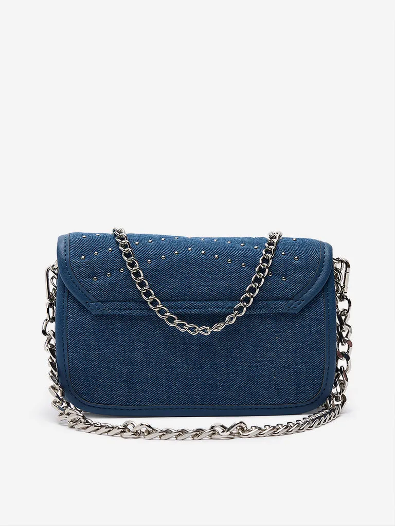 Women Accessories Blue Embellished Denim Sling Bag