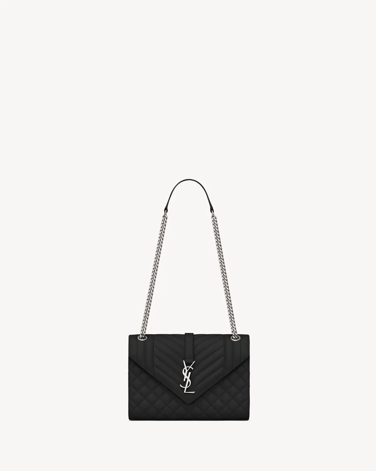 YSL Hand Bags- ENVELOPE LINE BLACK AND SILVER MEDIUM CHAIN BAG IN MIX MATELASSÉ GRAIN DE POUDRE EMBOSSED LEATHER