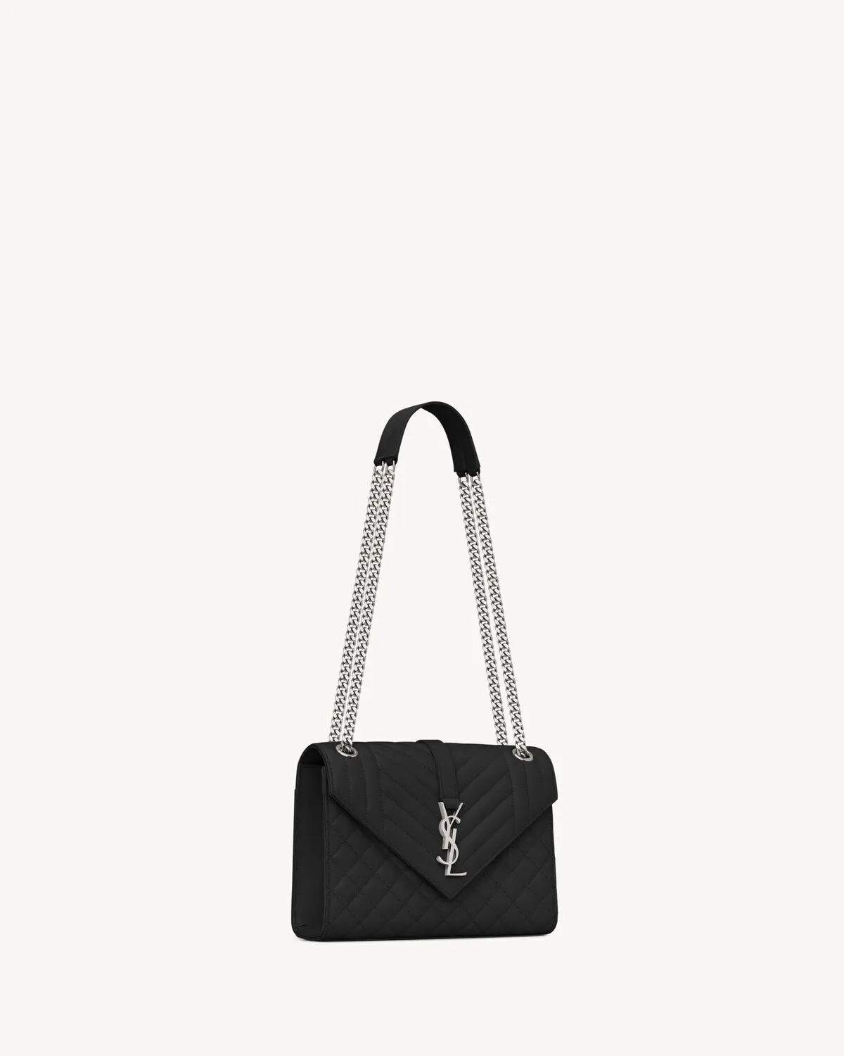 YSL Hand Bags- ENVELOPE LINE BLACK AND SILVER MEDIUM CHAIN BAG IN MIX MATELASSÉ GRAIN DE POUDRE EMBOSSED LEATHER